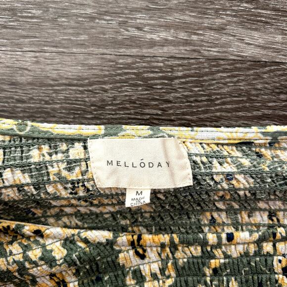 EUC Melloday Green Yellow Floral Smocked Peplum Top M Ruffle Sleeve Cottagecore - Picture 6 of 11